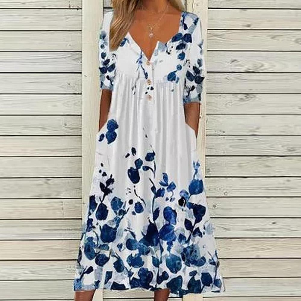 Casual Long-sleeve Button Print White Floral Dress