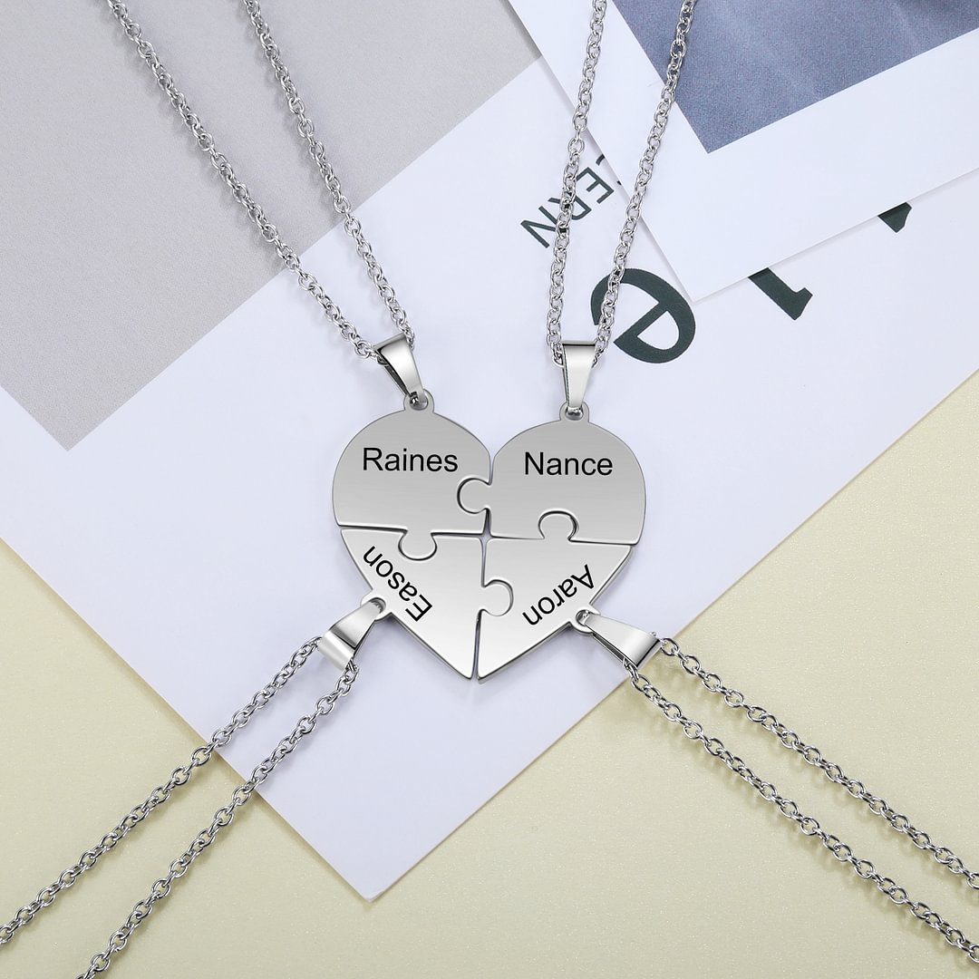 Personalized Heart Puzzle Necklace With 4 Names Gifts For Her