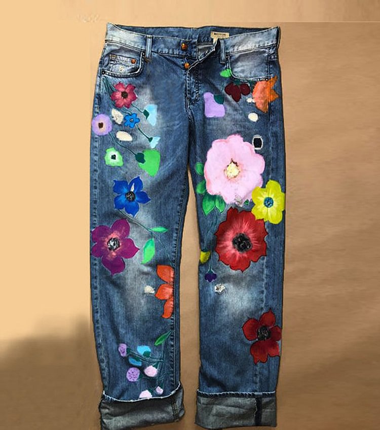 Women Fashion Denim Floral Casual Pants