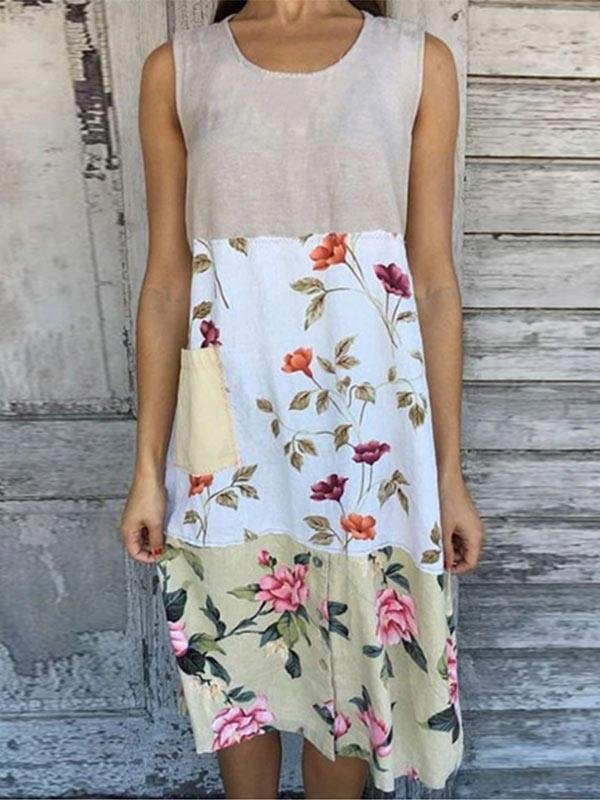 Women's cotton and linen printed stitching sleeveless dress-Mayoulove