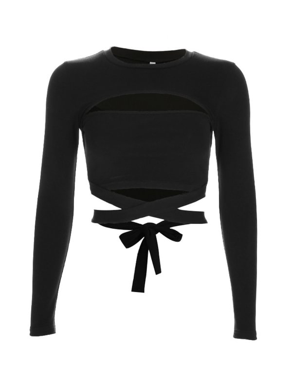 Solid Color Bandaged Crew Collar Long Sleeve Crop Top
