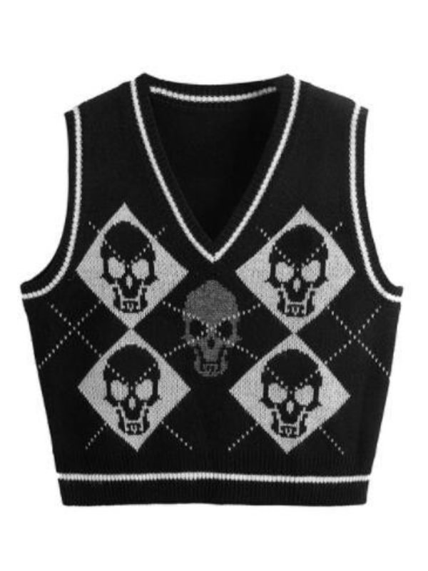 Gothic Dark Skull Intarsia V Neck Knitted Sweater Vest