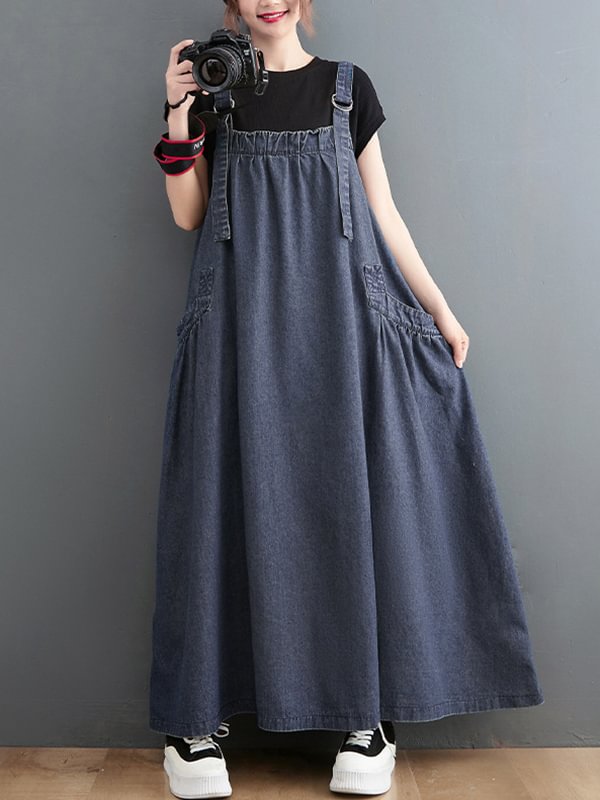 Vintage Loose Artistic Retro Solid Color Strap Denim Midi Dress