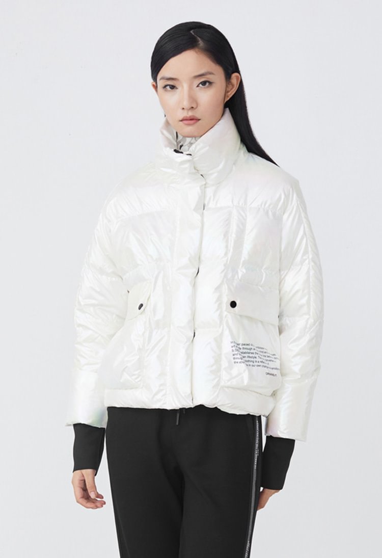 SDEER Short High-necked Down Jacket With Contrasting Letters And Shiny Face