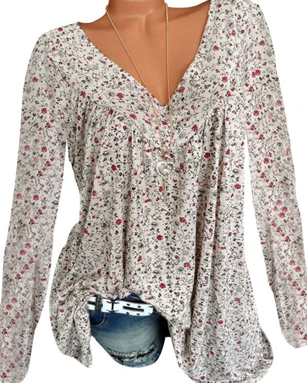 Small Floral Loose And Thin V-neck Long Sleeves Tops