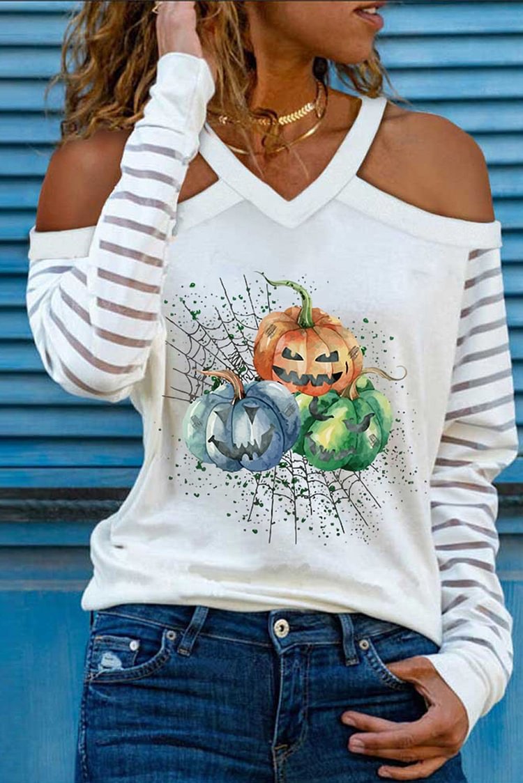 Women's T-shirts Pumpkin Print Cold Shoulder T-shirt-Mayoulove