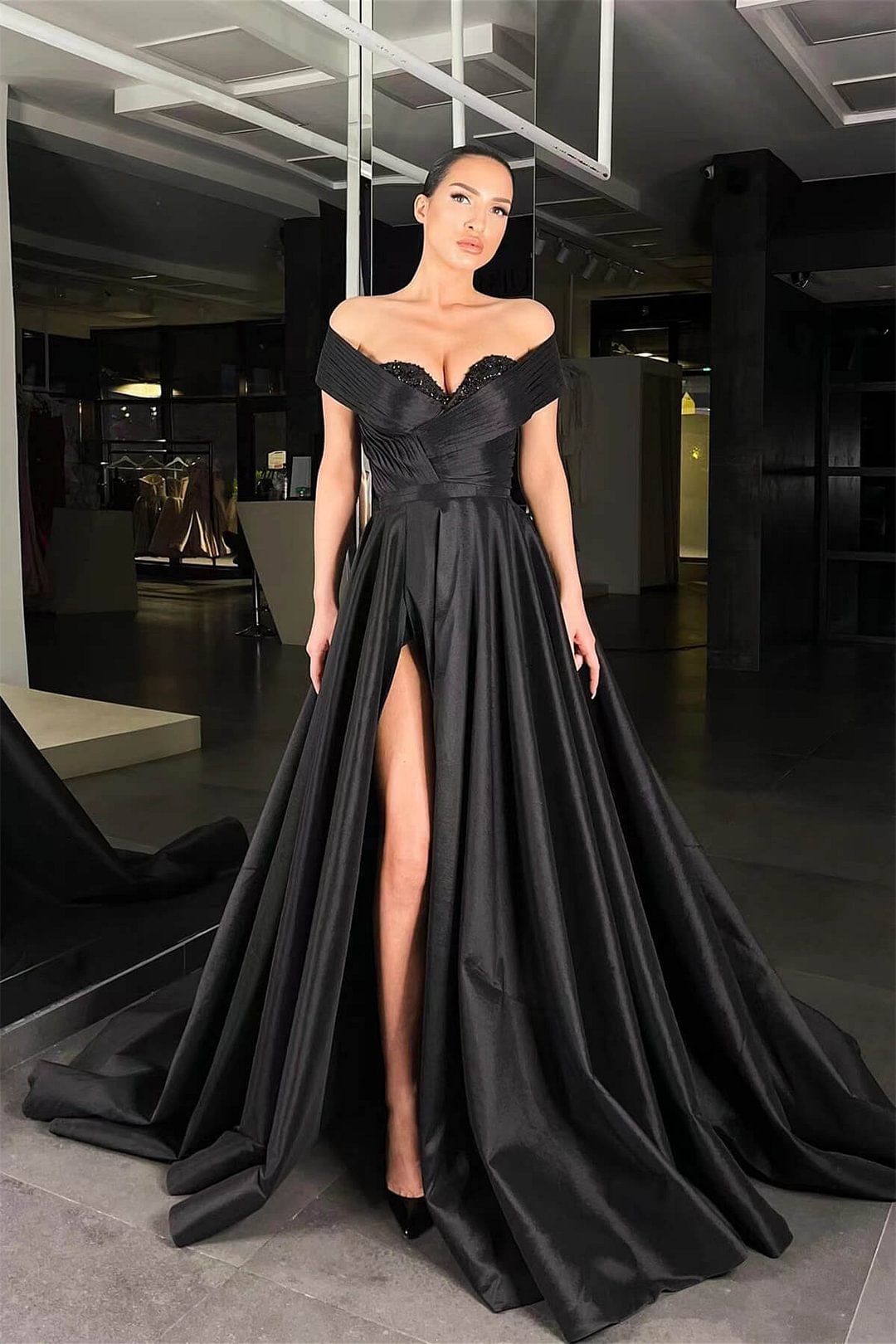 Luluslly Black Off-the-Shoulder Evening Dress Split Long With Beads