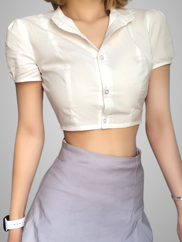 Sexy Solid Midriff-baring Puff Sleeve Blouse
