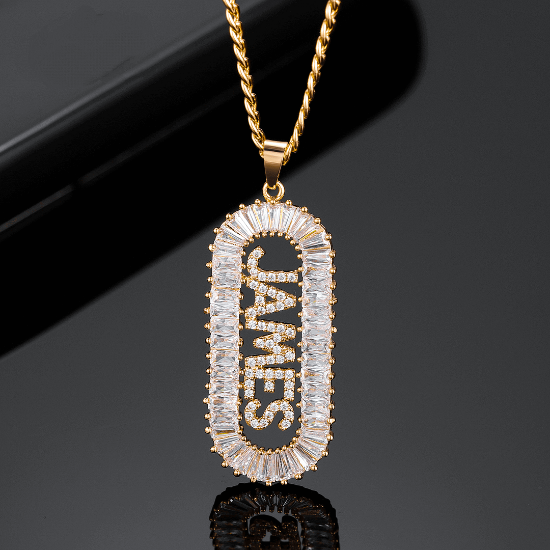 Custom Name Baguette Letters Pendant Iced Out Necklace Jewelry-VESSFUL