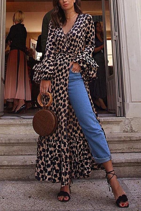 Womens Leopard Print Flared Sleeve Slits Dress-Allyzone-Allyzone