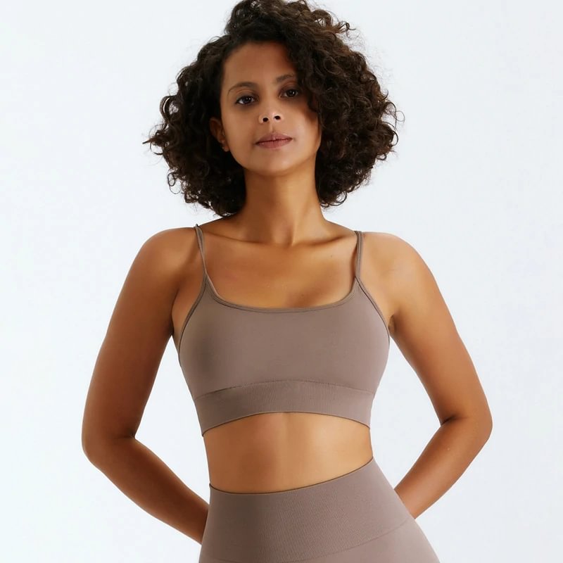Khaki strappy push up sports bra at Hergymclothing sportswear online shop