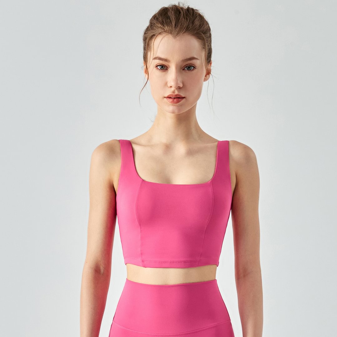 Hergymclothing Pink Lychee ladies fishbone line naked feeling square neck yoga gym sports vest online shopping