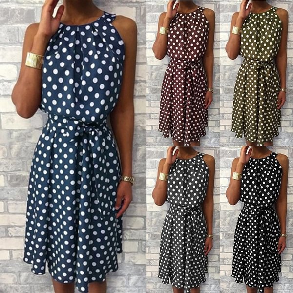 New Fashion Women Round Neck Summer Polka Dot Printed Sleeveless Dress Ladies Casual Mid-length Plus Size Dress