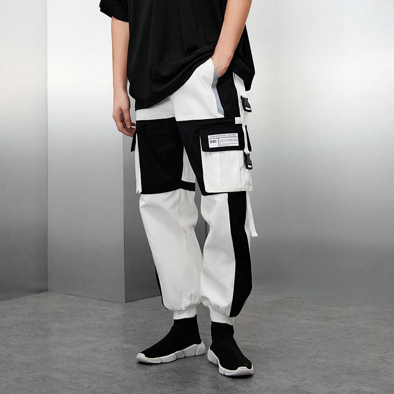 Black / White Patchwork Style Casual Leisure Cargo Trousers Streetwear Jogger Pants / Techwear Club / Techwear