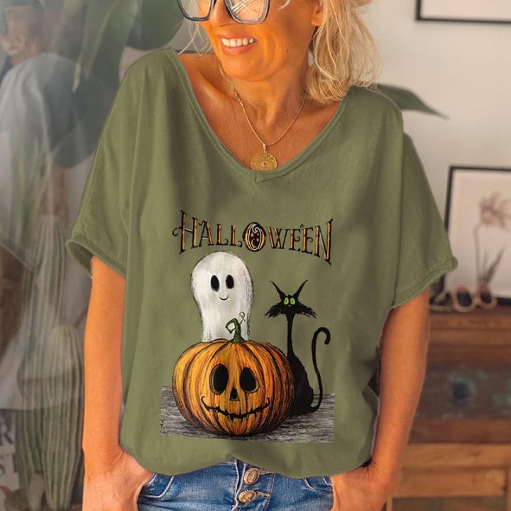 Halloween Pumpkin Ghost Black Cat Print T-shirt