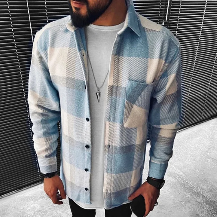 BrosWear Blue Lapel Plaid Pocket Long Sleeve Shirt white blue