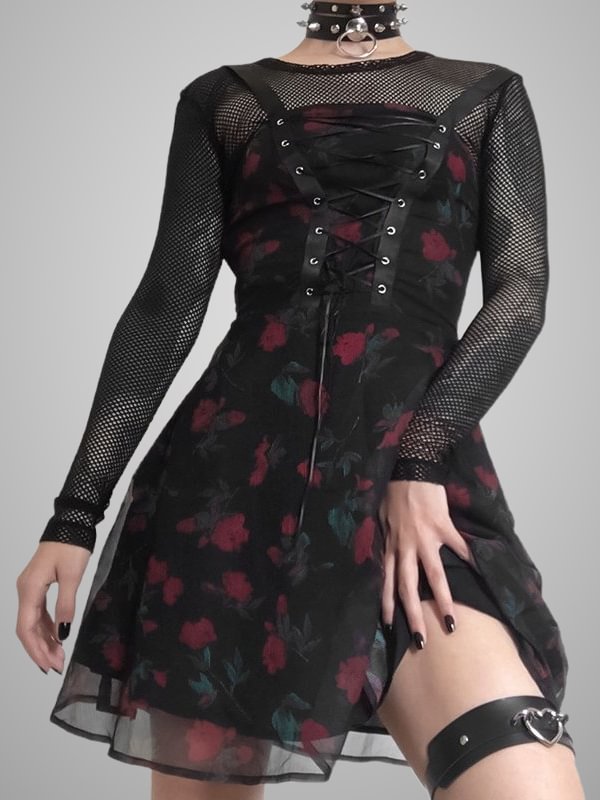 Gothic Dark Vintage Flora-printed Spaghetti High Rise A-line Dress