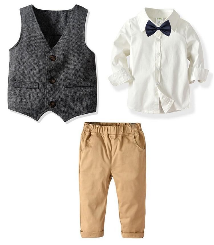 White Cotton Shirt With Bow Tie Grey Vest N Pants Boys Suit Outfit Set-Mayoulove
