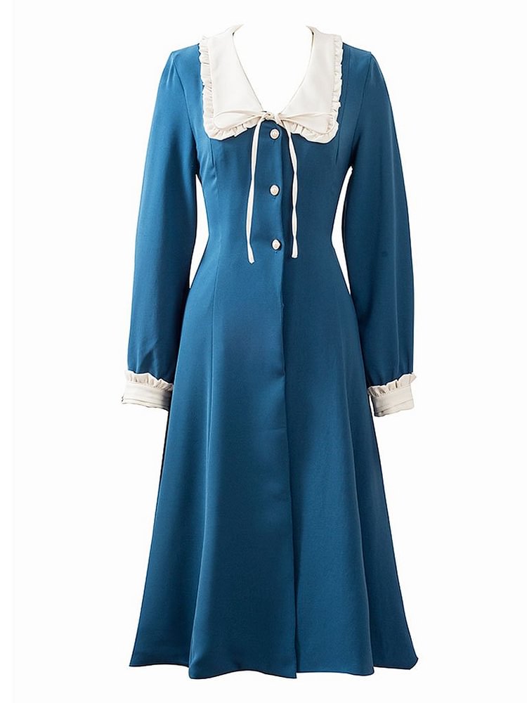 Mayoulove Lake Blue Chelsea Collar Vintage Long Sleeve Fall 50S Dress-Mayoulove