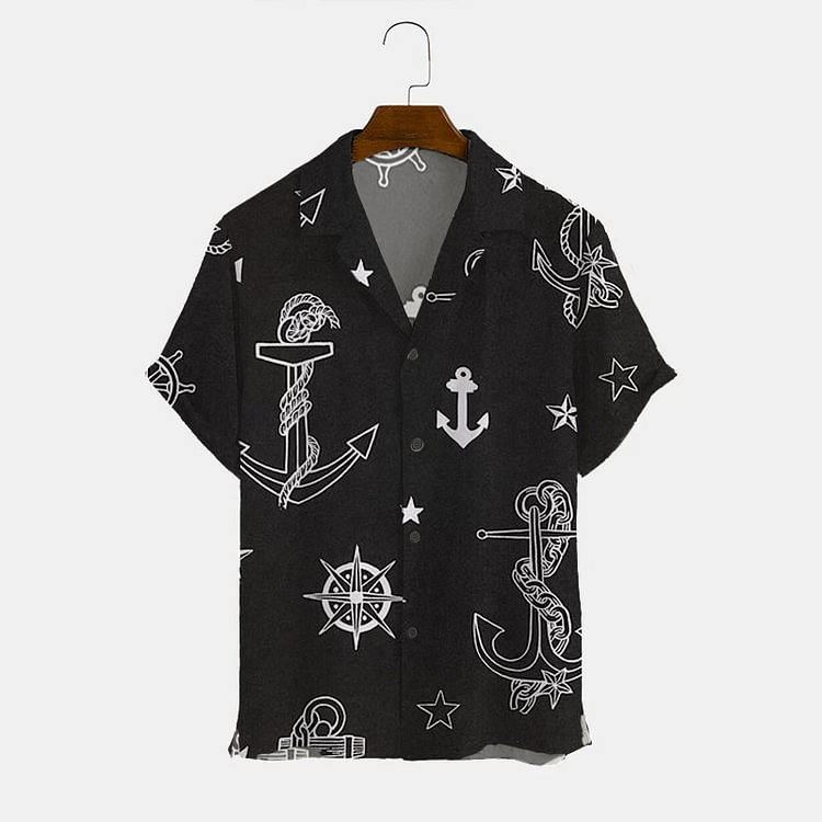 BrosWear Black Anchor Print Short Sleeve Shirt