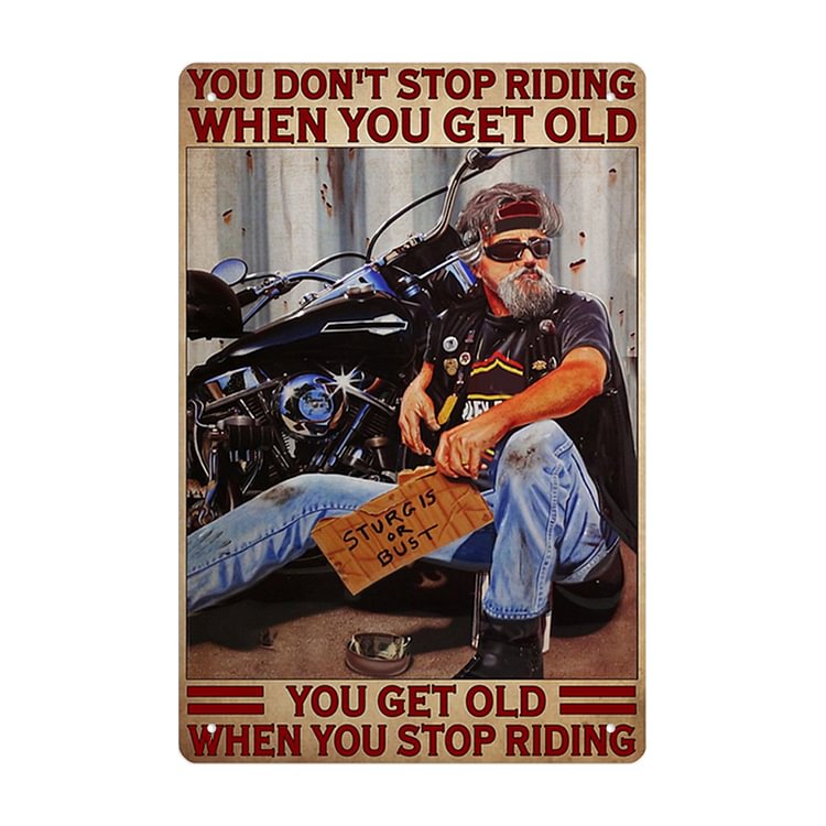 Old Man Riding Motorcycle - Vintage Tin Signs