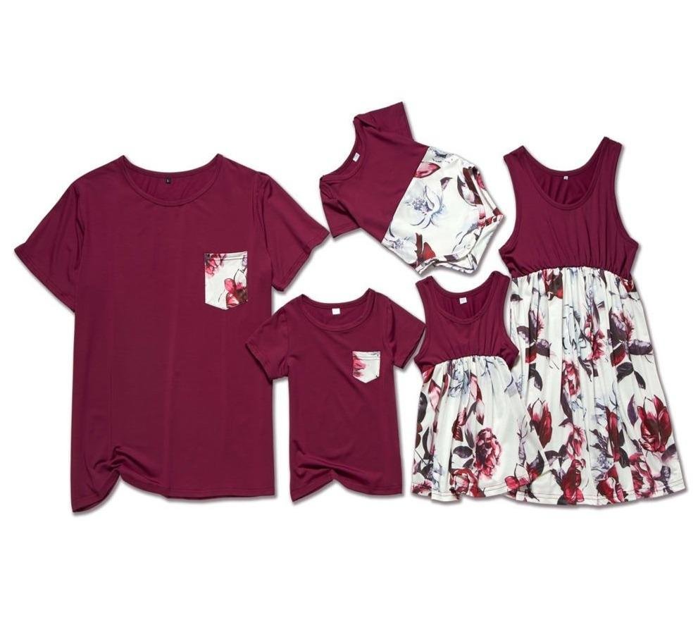 Wine Floral Printed Summer Family Matching Sets - vzzhome
