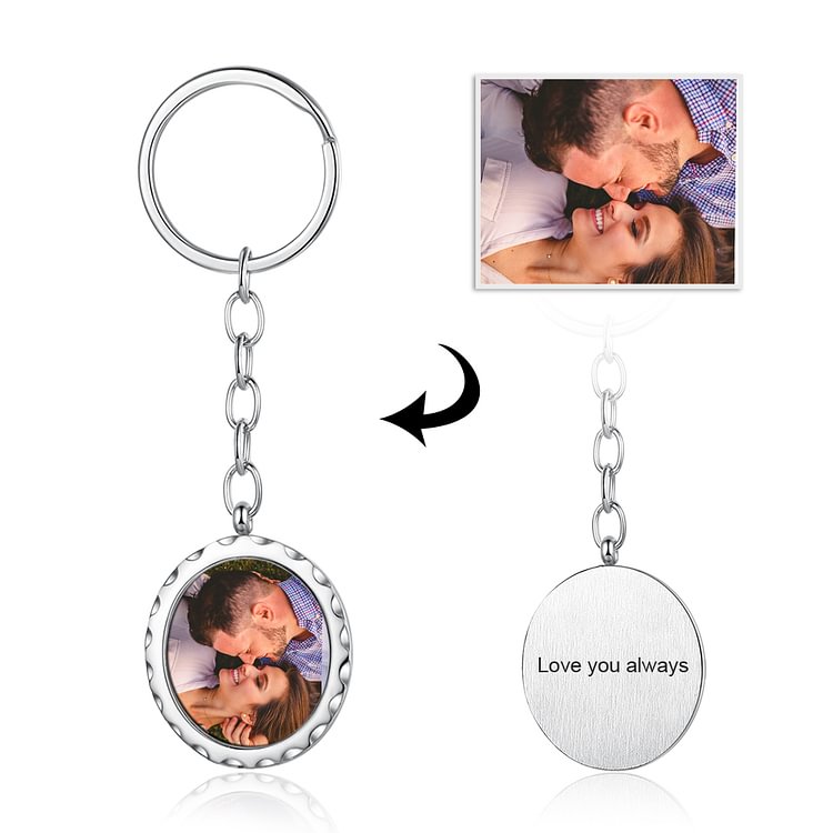 Personalized Photo Keychain Round-Shaped Pendant Lace Engraving Stainless Steel