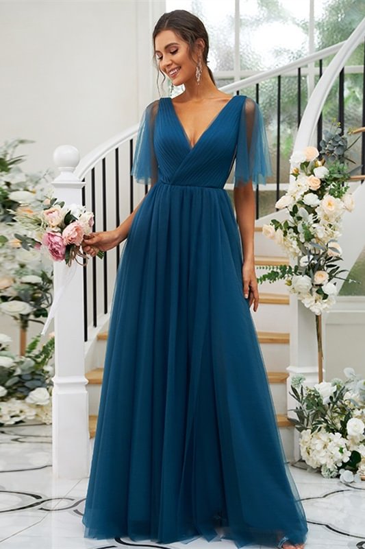 Luluslly Ink Blue V-Neck Long Tulle Bridesmaid Dress With Slit