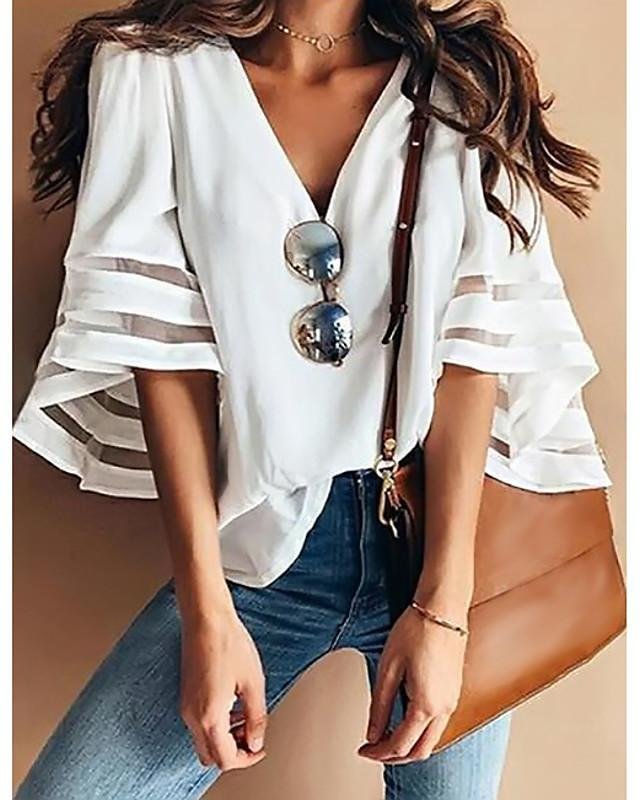 Women's Blouse Shirt Solid Colored Long Sleeve V Neck Tops Loose Basic Top White Black Blue-821-Corachic