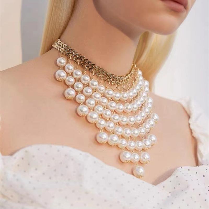 Multi Layer Pearl Long Tassel Choker Necklaces-VESSFUL