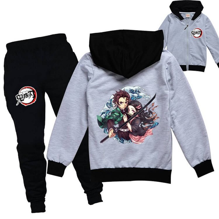 Girls Boys Demon Slayer Print Jacket And Joggers Hooded Outfit Suit-Mayoulove