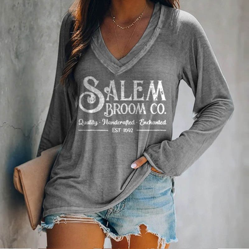 Salem Broom Printed V-neck Long Sleeve T-shirt