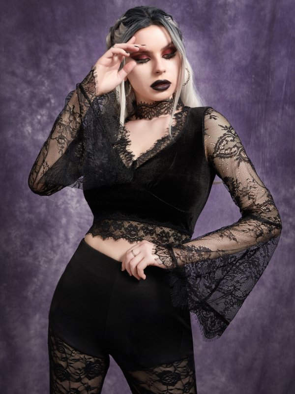 Goth Velvet Lace Paneled V Neck Long Bell Sleeve Crop Top