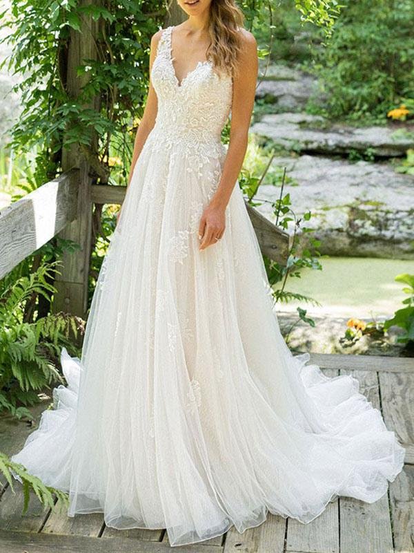 Luluslly Sleeveless Lace Tulle Long Wedding Dress V-Neck