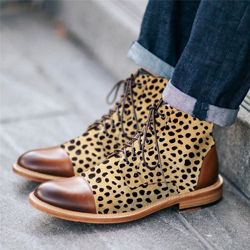 Stylish leopard texture printed hit color laced men's boots - Krazyskull
