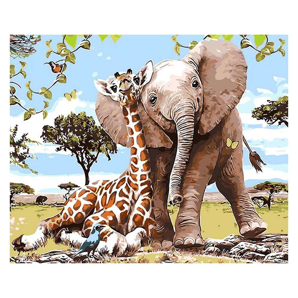 Full Round Diamond Painting Giraffe and Elephant (35*30cm)