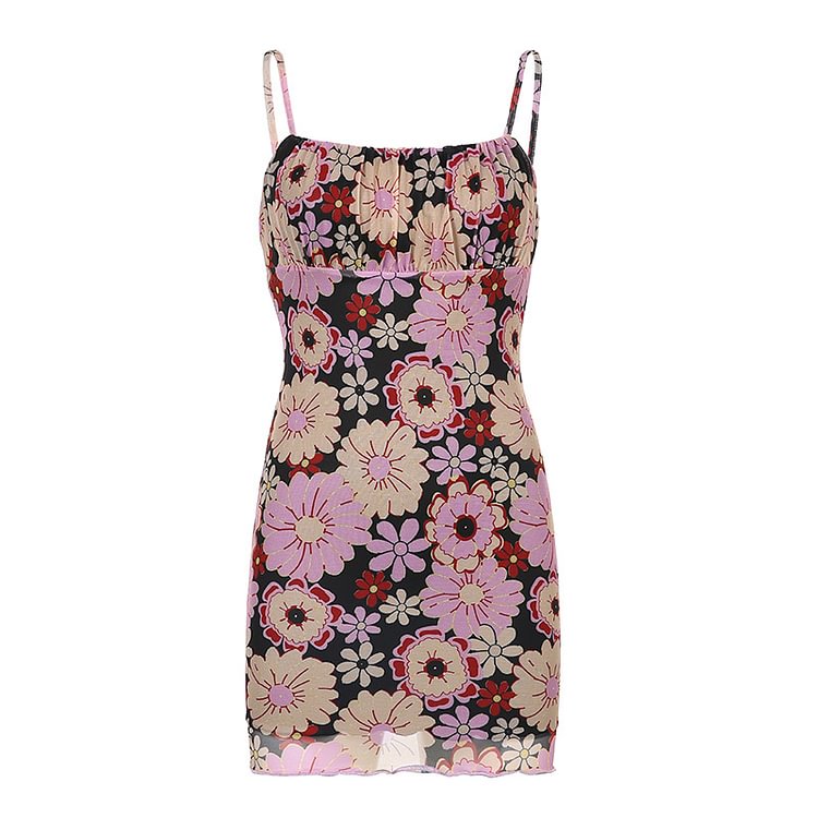 Vintage Floral Shirred Liner Tulle Bodycon Mini Dress - CODLINS - codlins.com