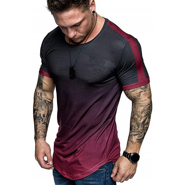 BrosWear Round Neck Gradient Contrast Color T-Shirt Wine red	 