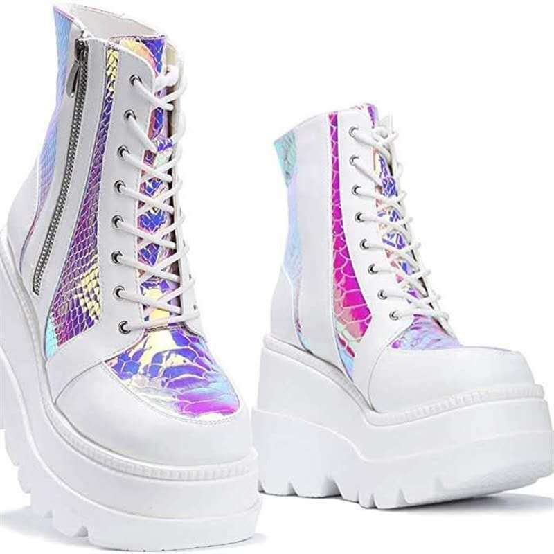 Women Radio Holographic Platform Ankle Boots with Chunky Block Heels - vzzhome
