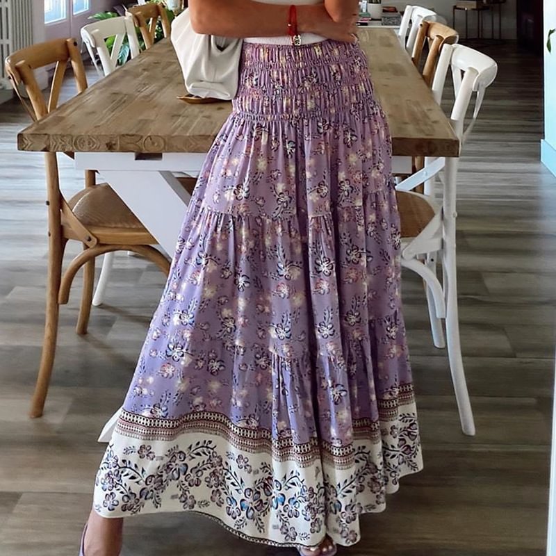Women's Printed Elastic High Waist Floral Skirt