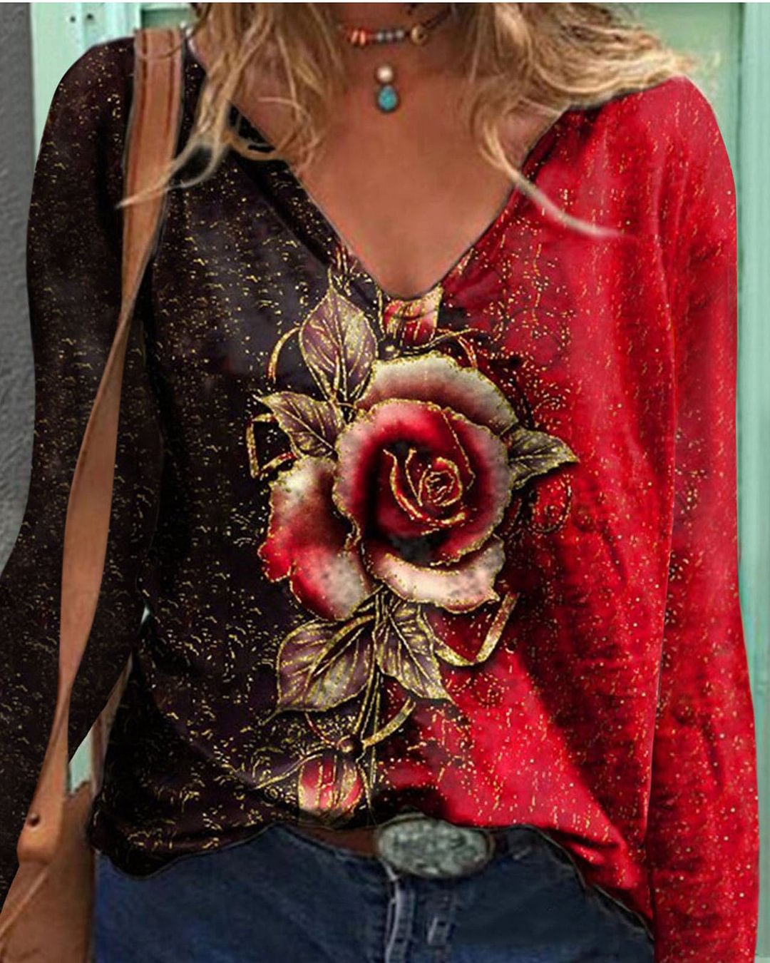 V-neck 3D rose long-sleeved loose T-shirt Tops