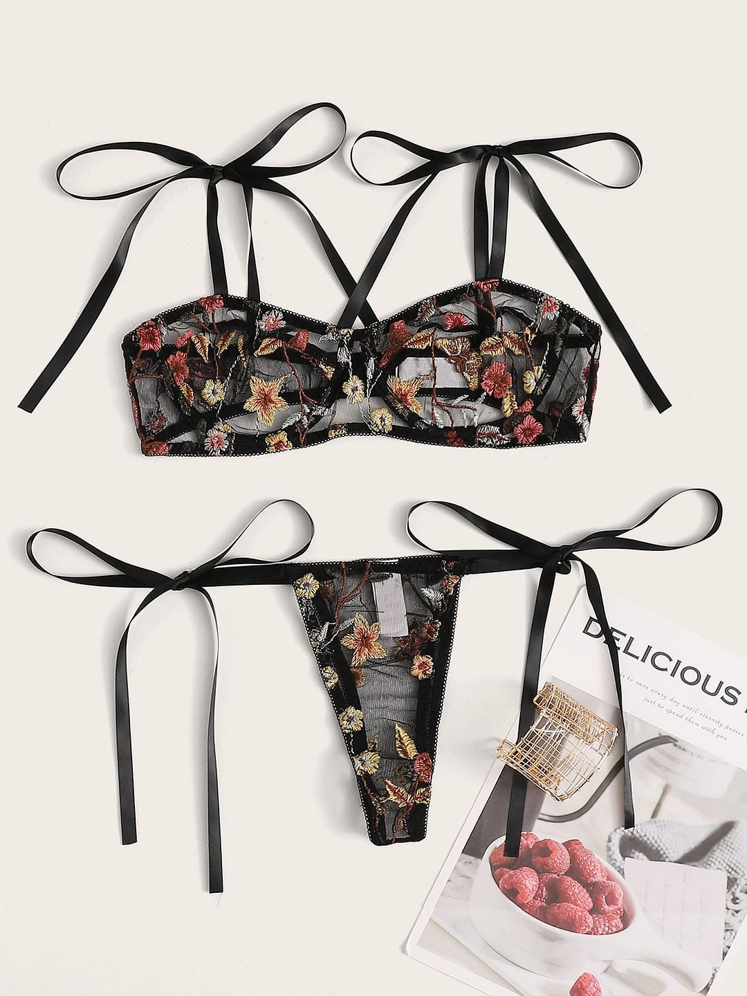 Floral Embroidery Bra & Side Tie Thong-Icossi