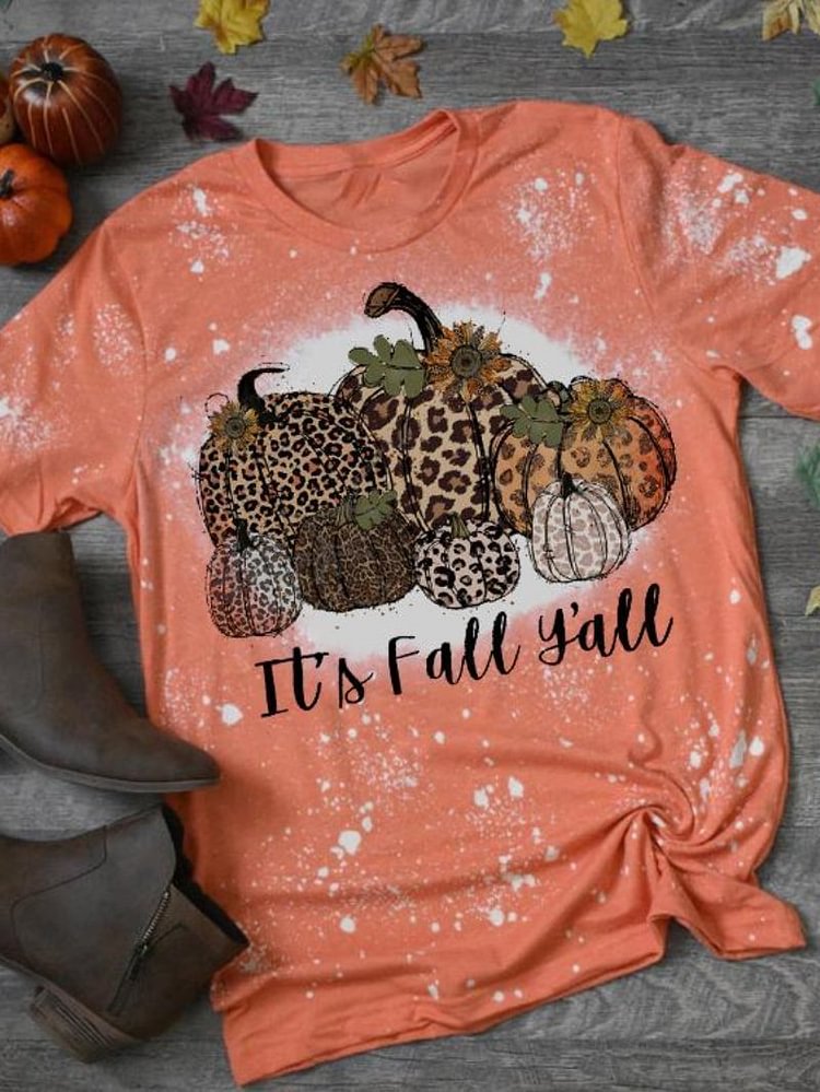 Crew Neck Pumpkin Halloween IT'S FALL YALL Print Short-sleeved T-shirt-Mayoulove