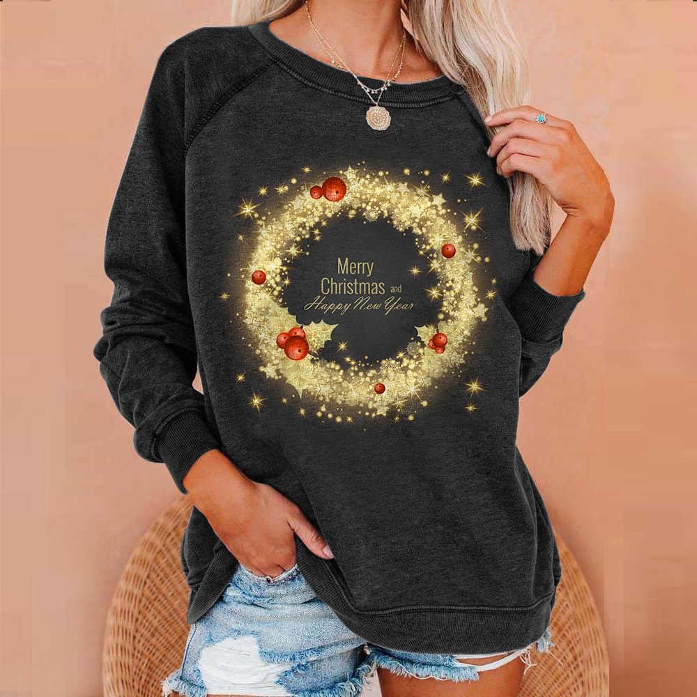 Golden Glittering Wreath Print Christmas Style Sweatshirt