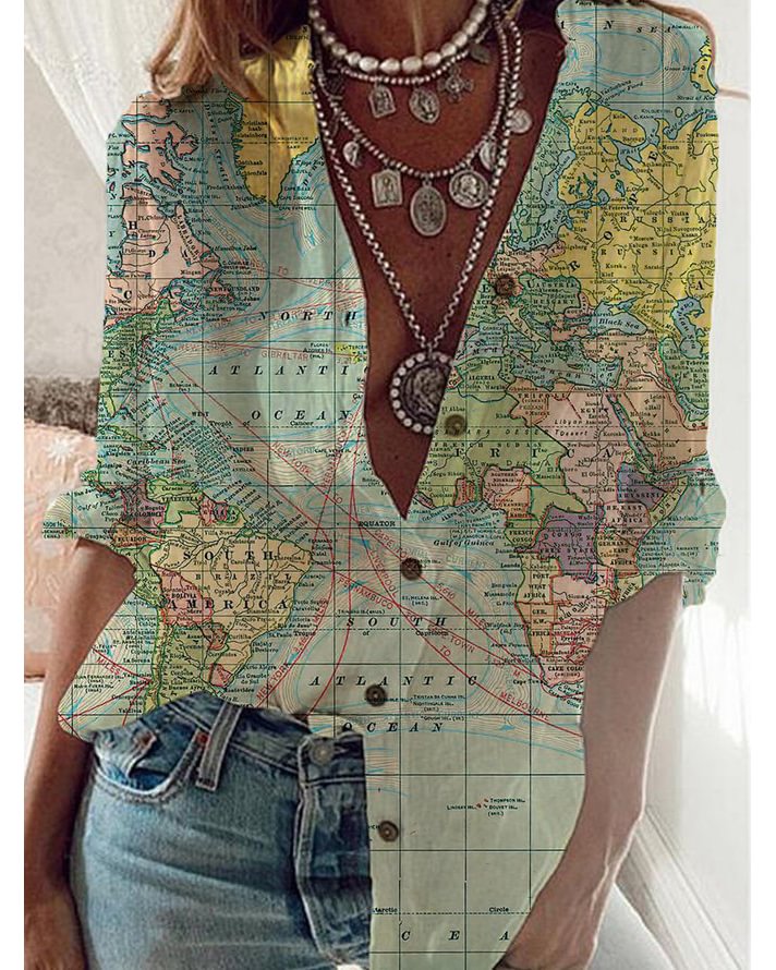Printed Casual Long Sleeve Shirts & Tops World Map Shirt