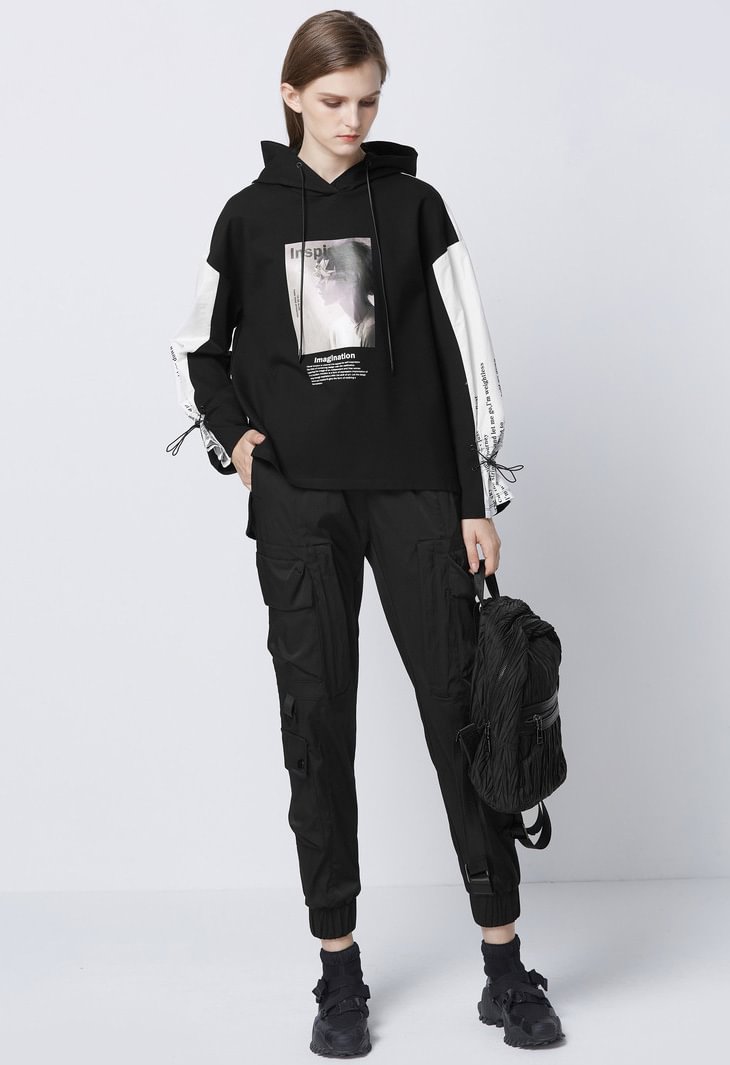 SDEER Fashion Belt Three-Dimensional Pocket Black Cargo Trousers