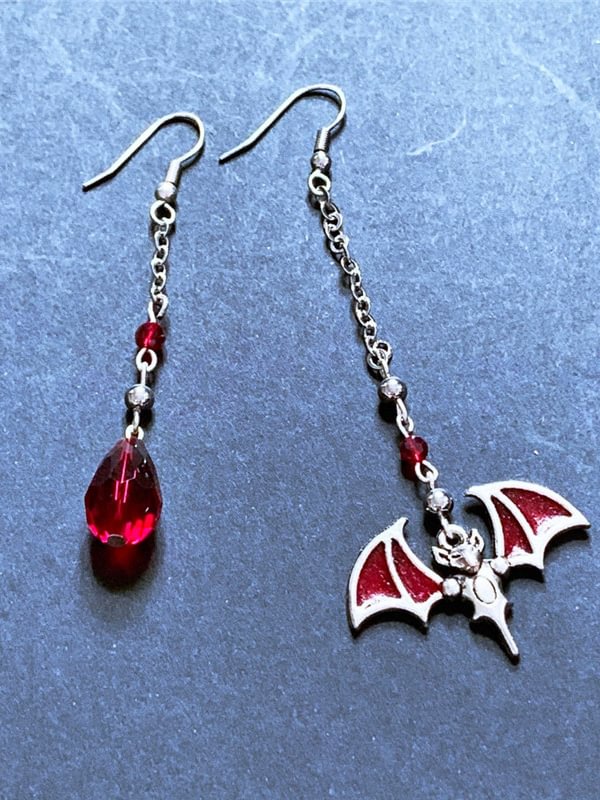 Dark Goth Vampire Unique Asymmetrical Earrings Bat Chain Crystal Long Earrings
