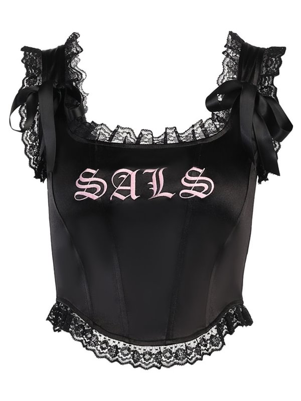 Sexy Girl Lace Paneled Bows Girdle Slim Crop Top