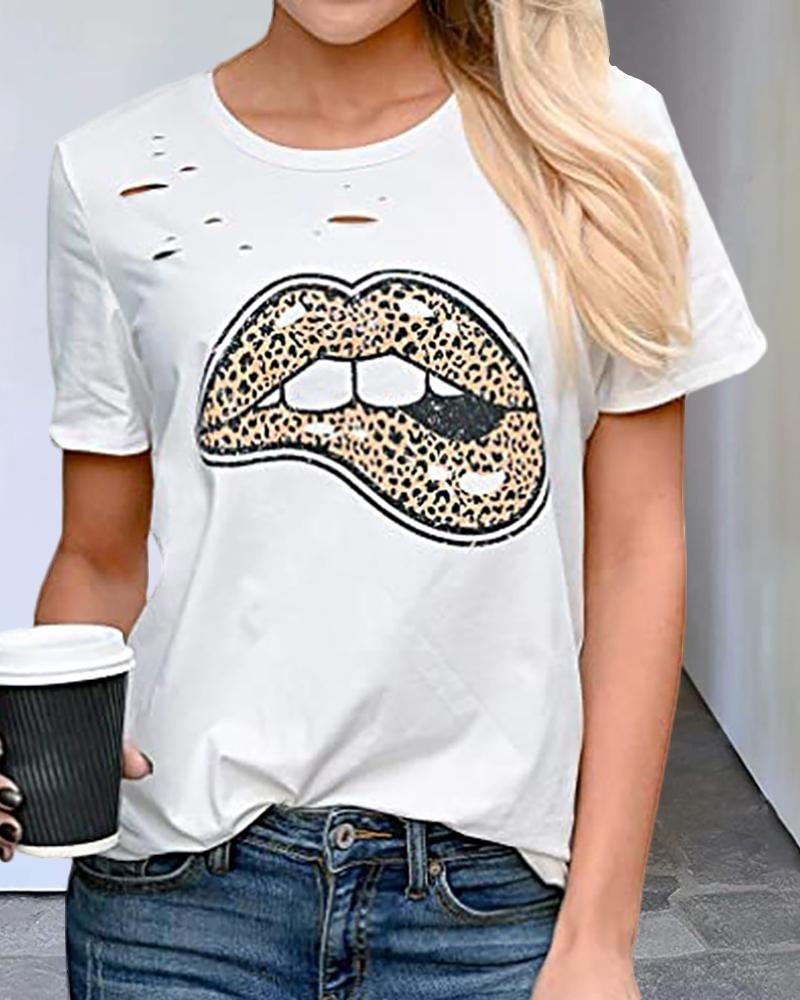 Short Sleeve Lip Leopard Print T-shirt P14771