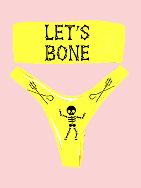 Let's Bone Printed Skull Off The Shoulder High Waist Two-piece Bikini Sets Swimwear
